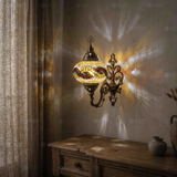 Amber warm amber Turkish mosaic wall sconce in styled room — handmade Moroccan wall sconce (ENV APN3064)