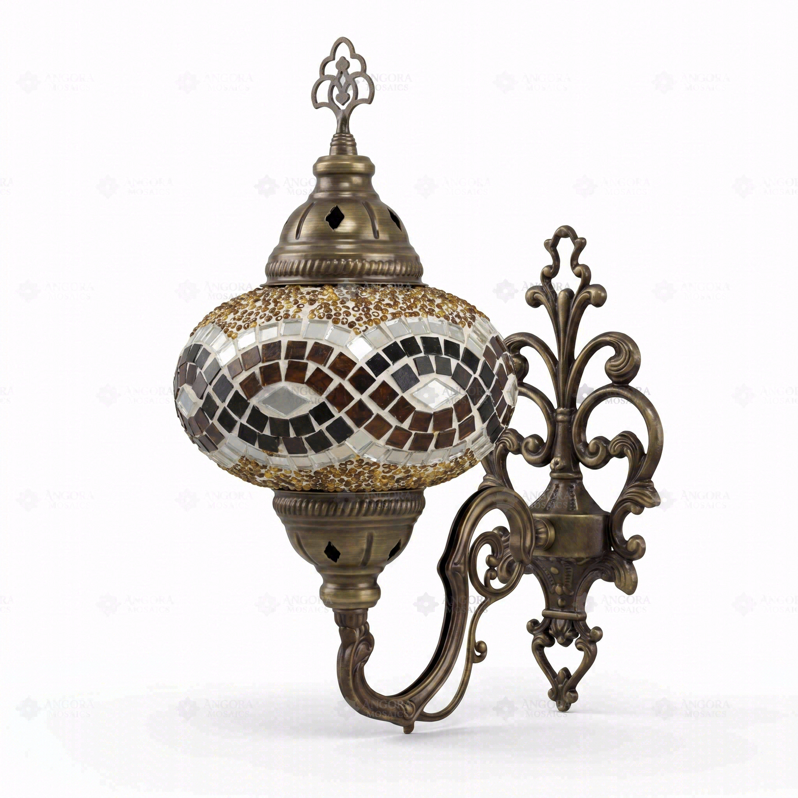 Full view of handmade Amber warm amber Turkish mosaic wall sconce on white background (ENV APN3064)