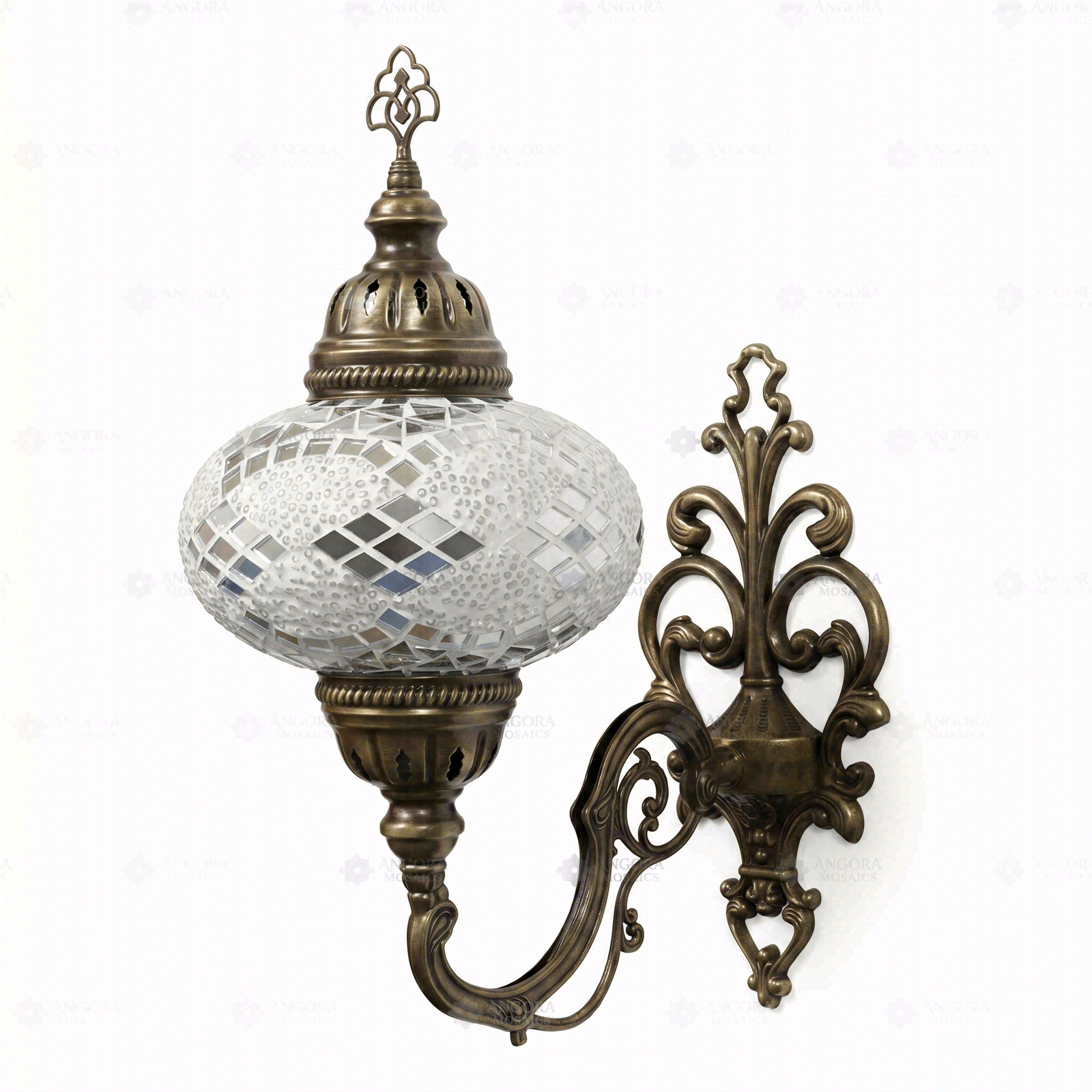 Full view of handmade White white glow Turkish mosaic wall sconce on white background (ENV APN3068)