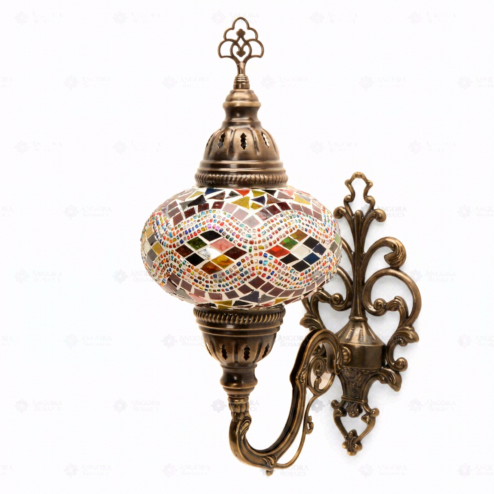 Full view of handmade Multicolor multicolor jewel Turkish mosaic wall sconce on white background (ENV APN3074)