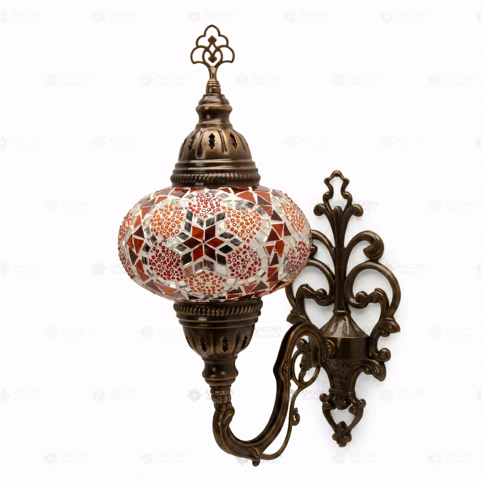 Full view of handmade Amber warm amber Turkish mosaic wall sconce on white background (ENV APN3079)
