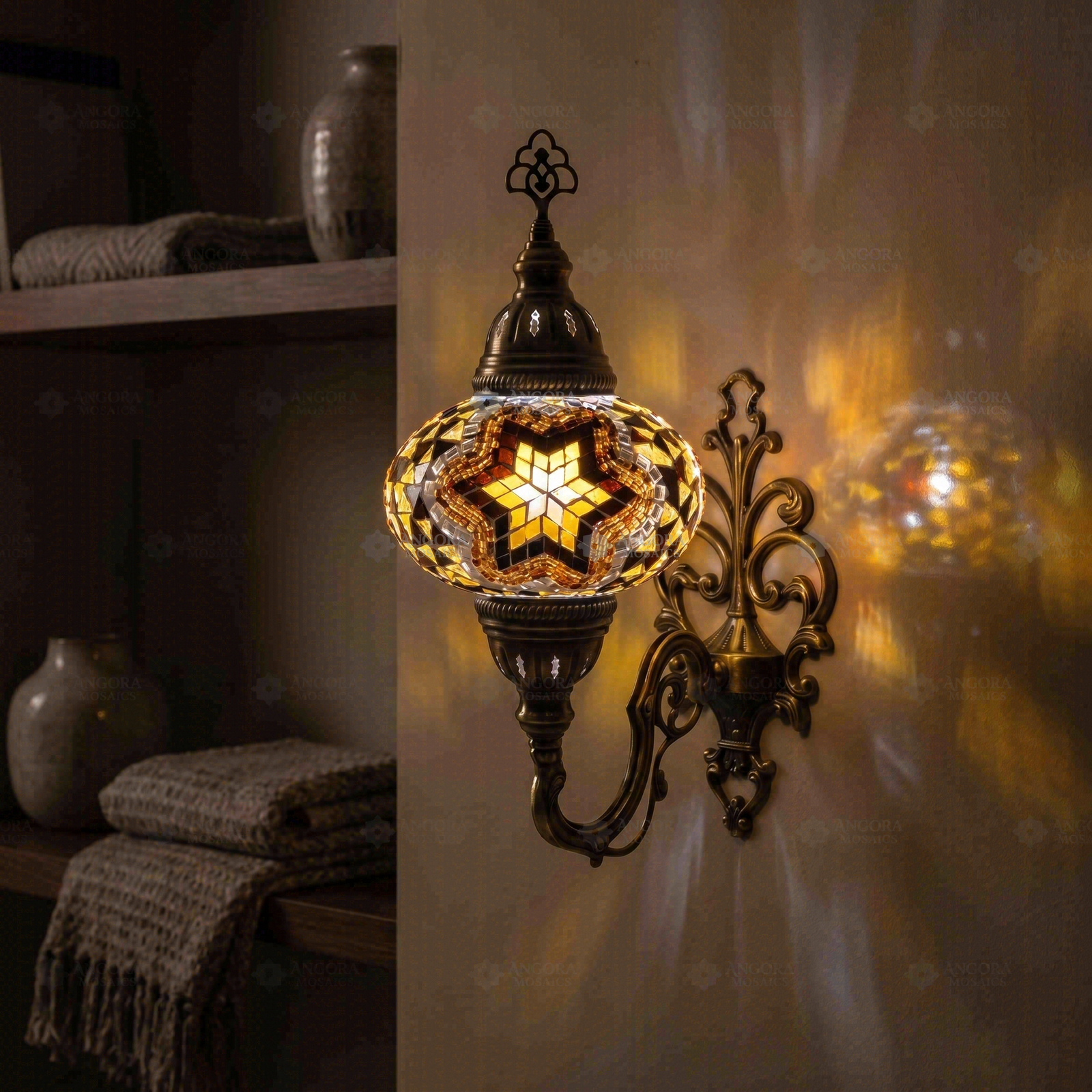 Amber warm amber Turkish mosaic wall sconce in styled room — handmade Moroccan wall sconce (ENV APN3088)