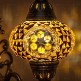 Lit close-up of mosaic glass globe — Amber wall sconce glowing (ENV APN3089)