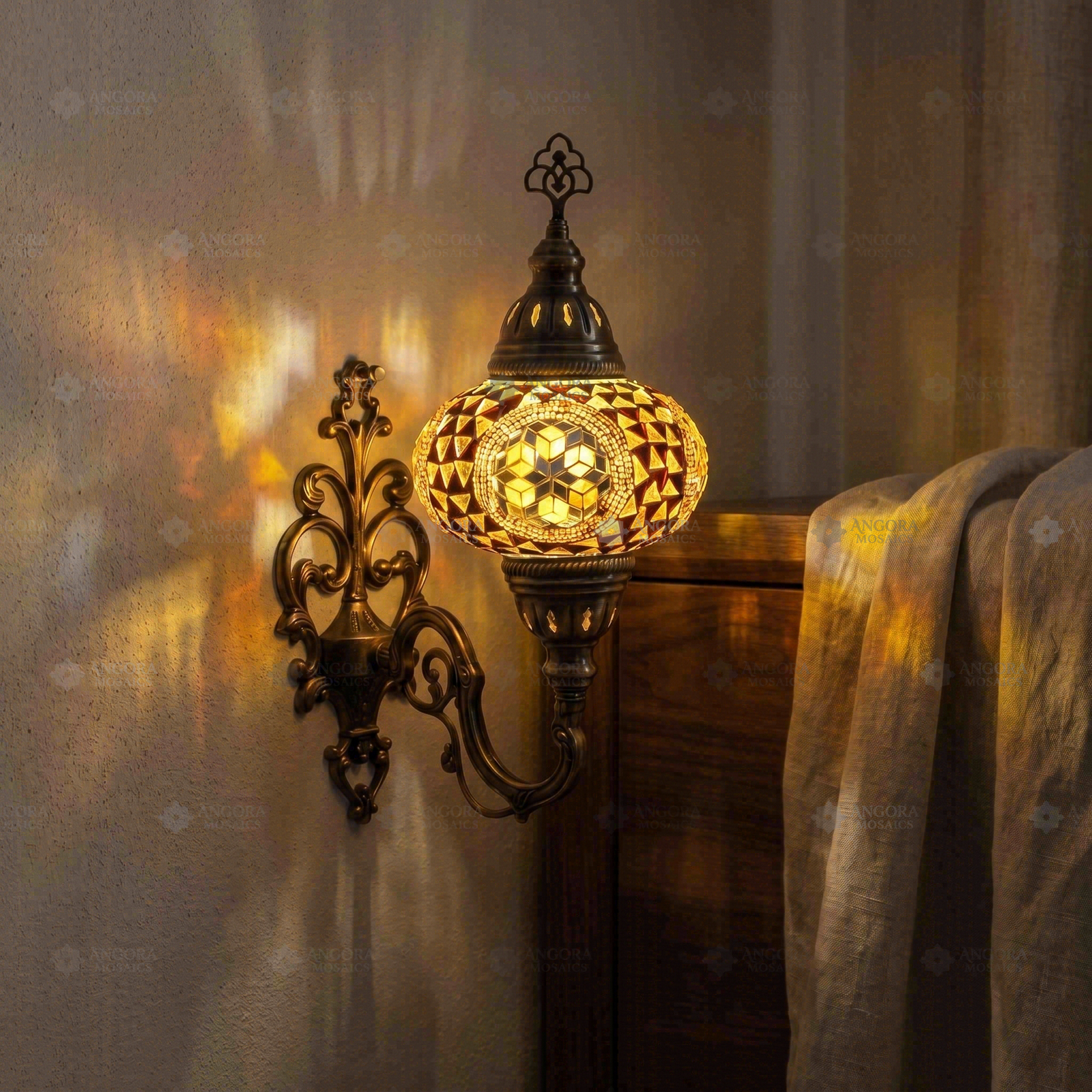 Amber warm amber Turkish mosaic wall sconce in styled room — handmade Moroccan wall sconce (ENV APN3089)