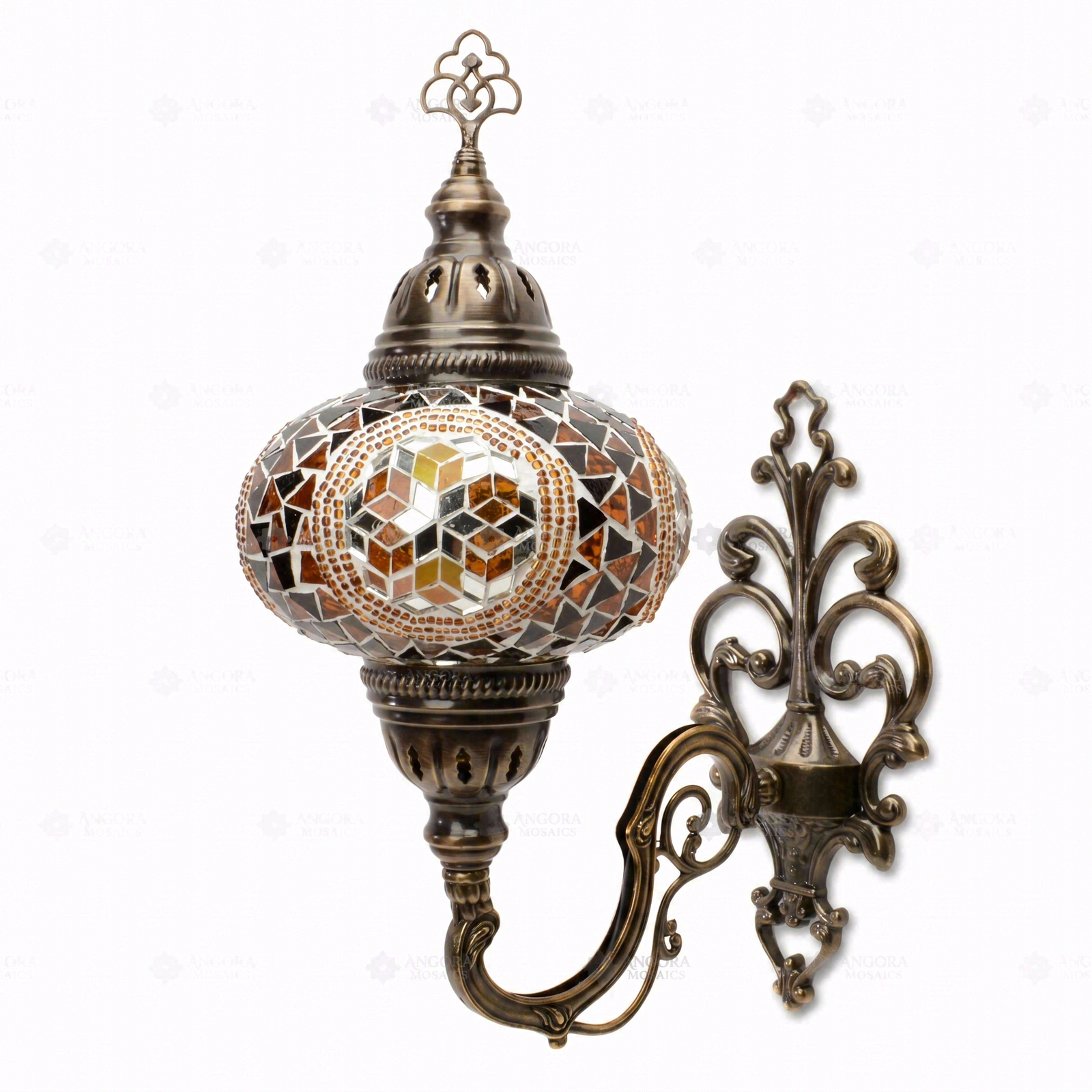Full view of handmade Amber warm amber Turkish mosaic wall sconce on white background (ENV APN3089)