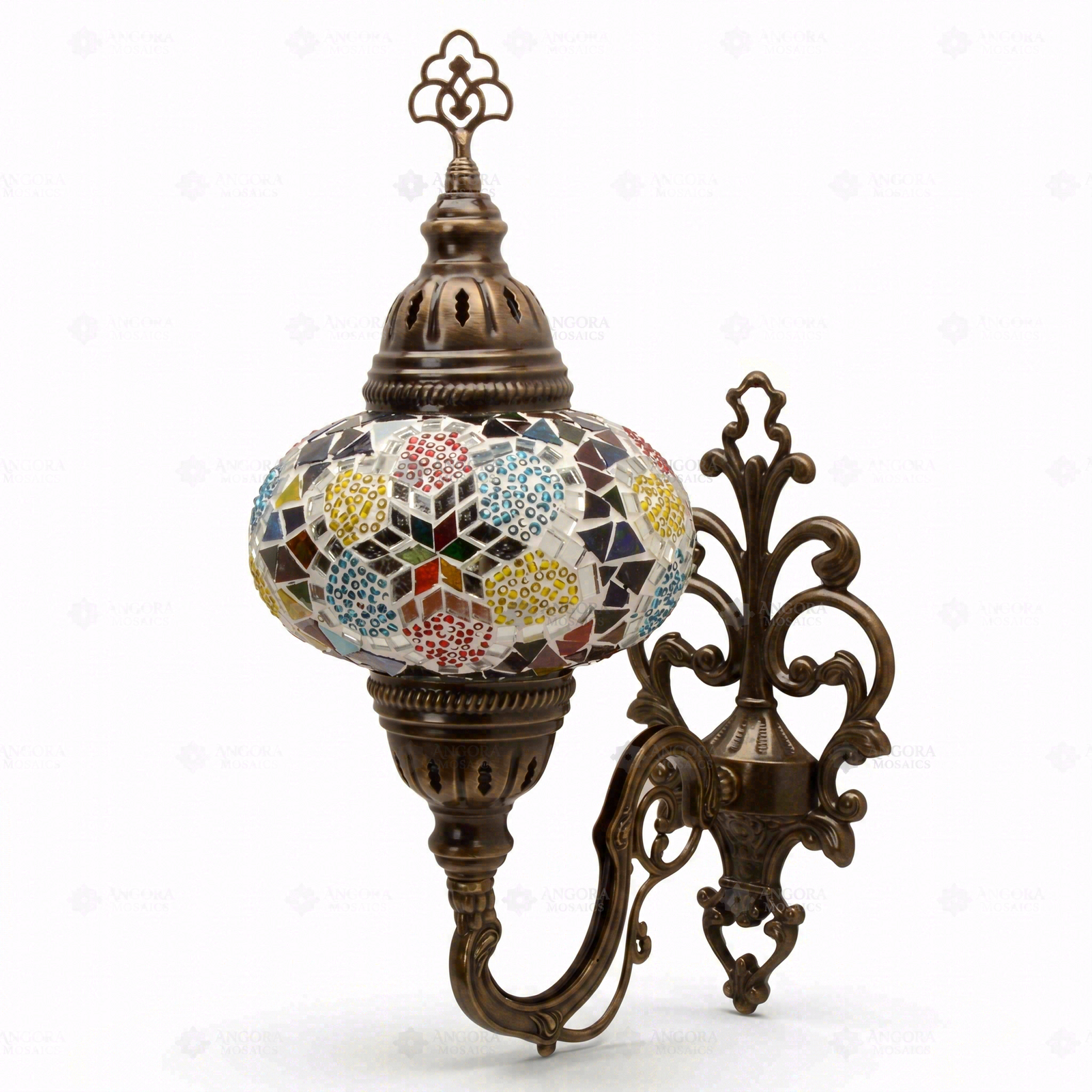 Full view of handmade Multicolor multicolor jewel Turkish mosaic wall sconce on white background (ENV APN3091)