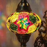 Lit close-up of mosaic glass globe — Multicolor wall sconce glowing (ENV APN3093)