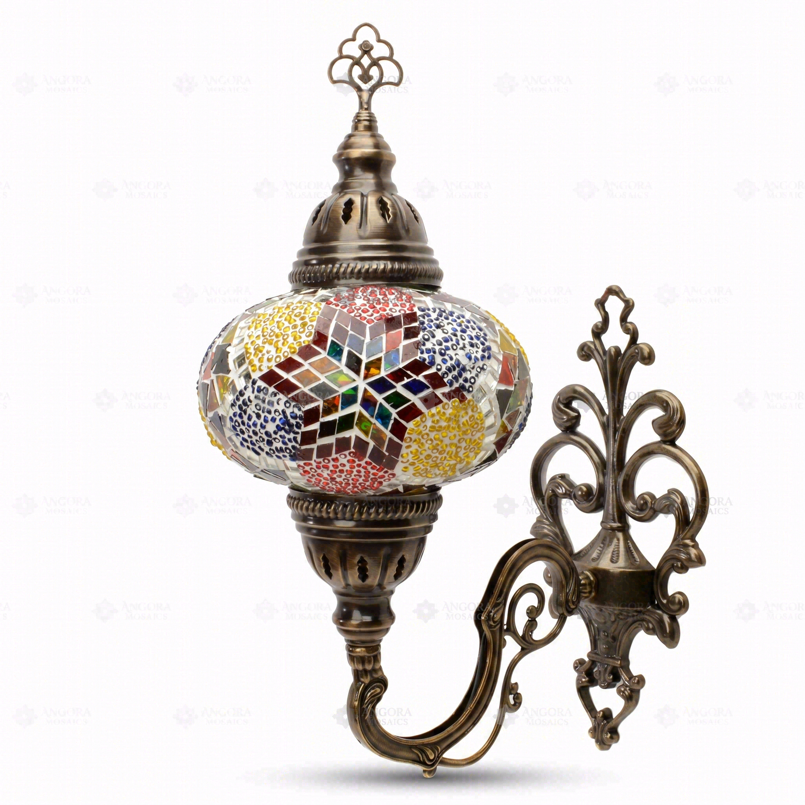 Full view of handmade Multicolor multicolor jewel Turkish mosaic wall sconce on white background (ENV APN3093)