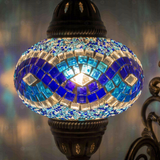 Lit close-up of mosaic glass globe — Blue wall sconce glowing (ENV APN3094)