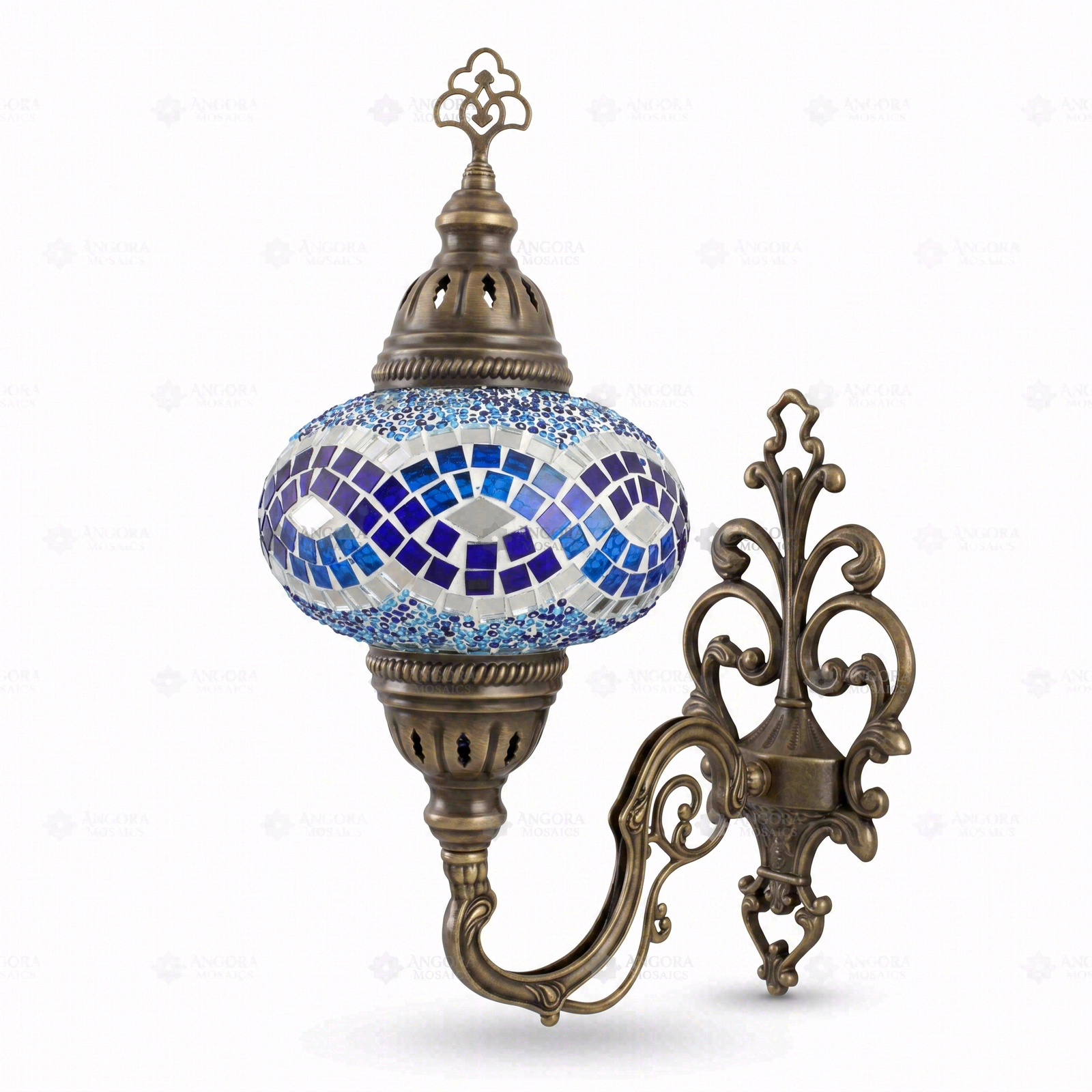 Full view of handmade Blue blue jewel Turkish mosaic wall sconce on white background (ENV APN3094)
