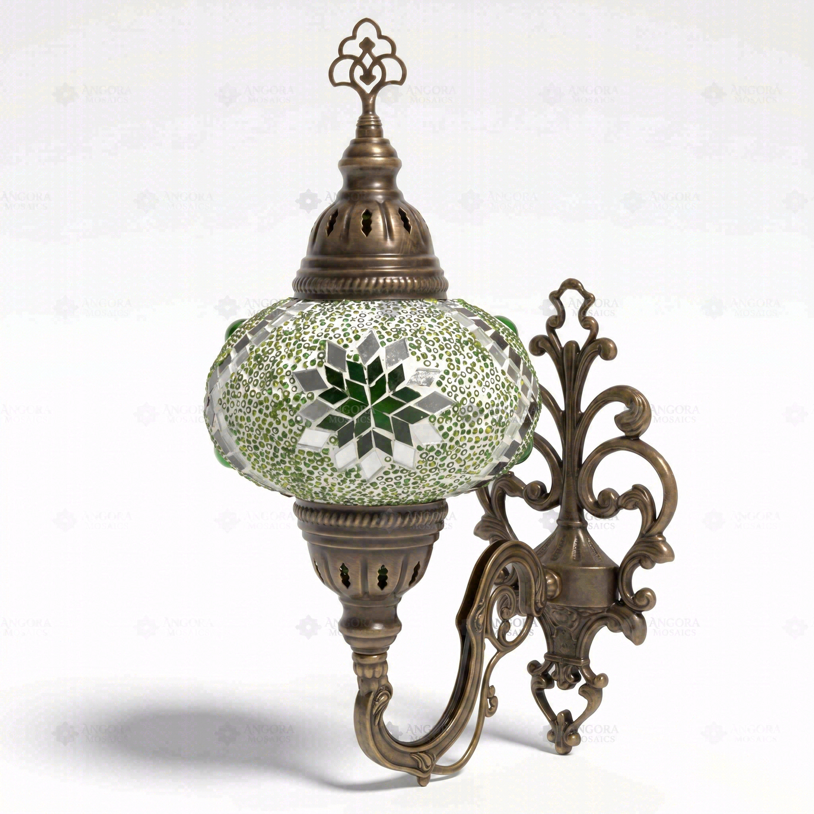 Full view of handmade Green green jewel Turkish mosaic wall sconce on white background (ENV APN3096)