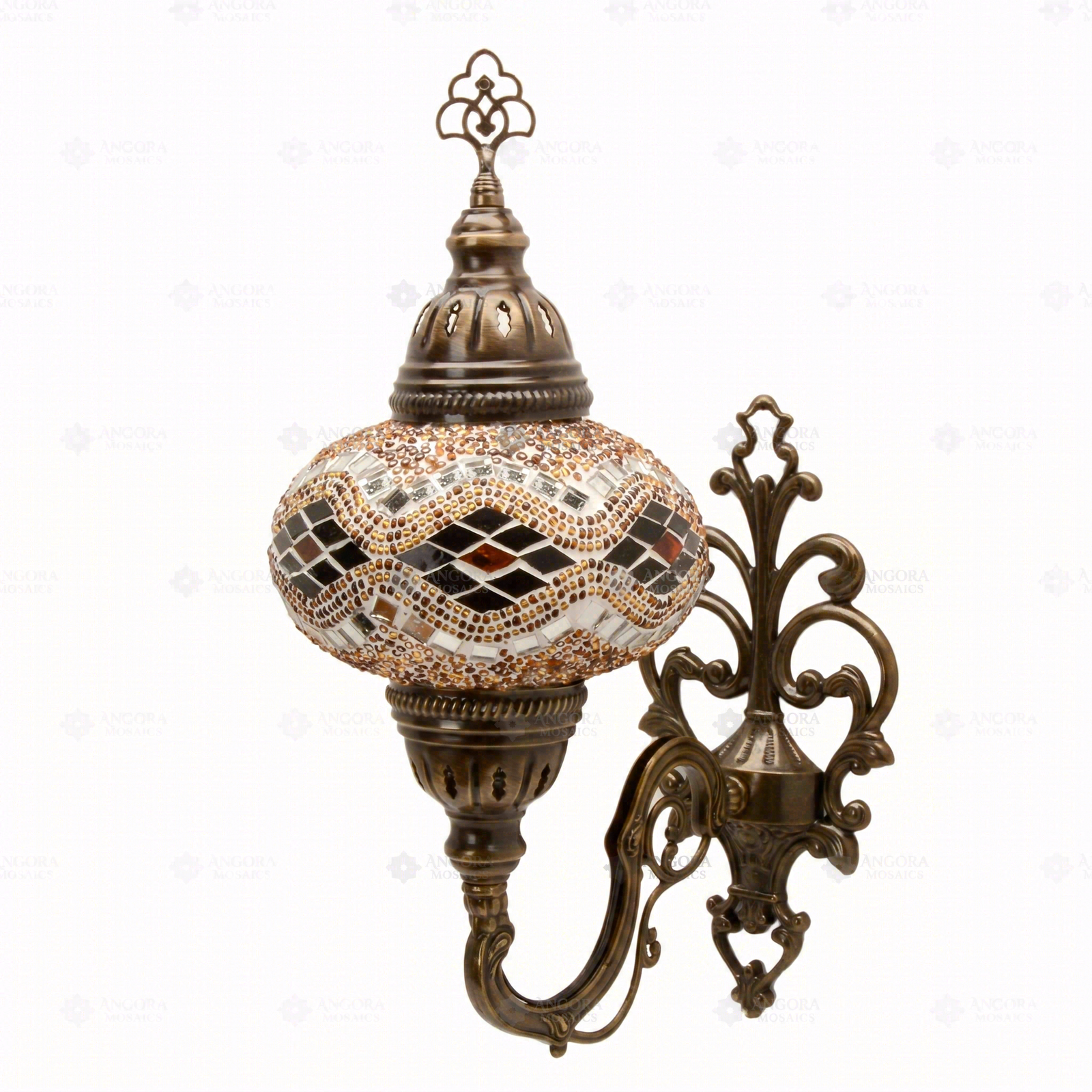 Full view of handmade Amber warm amber Turkish mosaic wall sconce on white background (ENV APN3097)