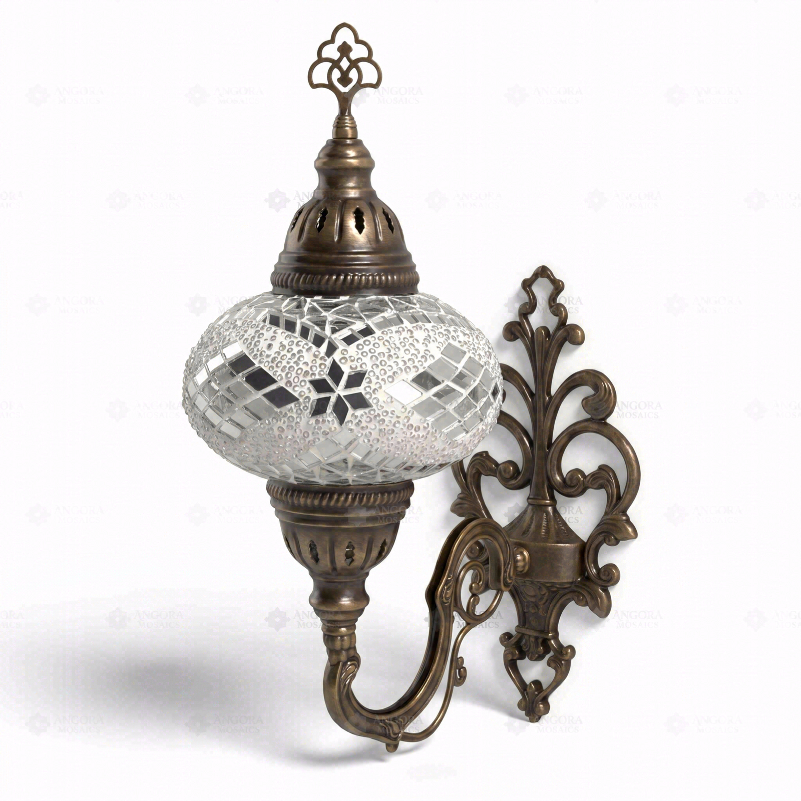 Full view of handmade Clear clear neutral Turkish mosaic wall sconce on white background (ENV APN3098)
