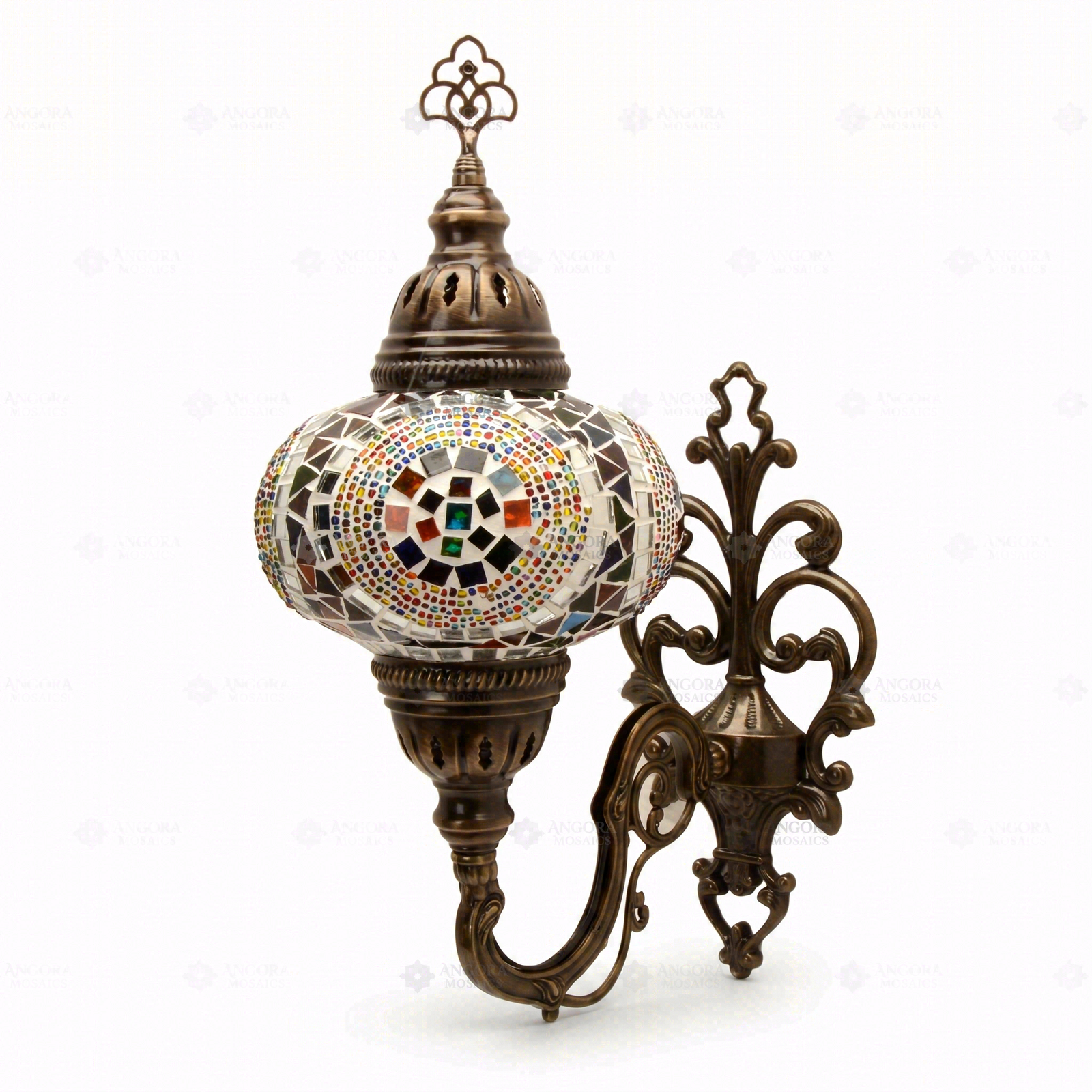 Full view of handmade Multicolor multicolor jewel Turkish mosaic wall sconce on white background (ENV APN3099)