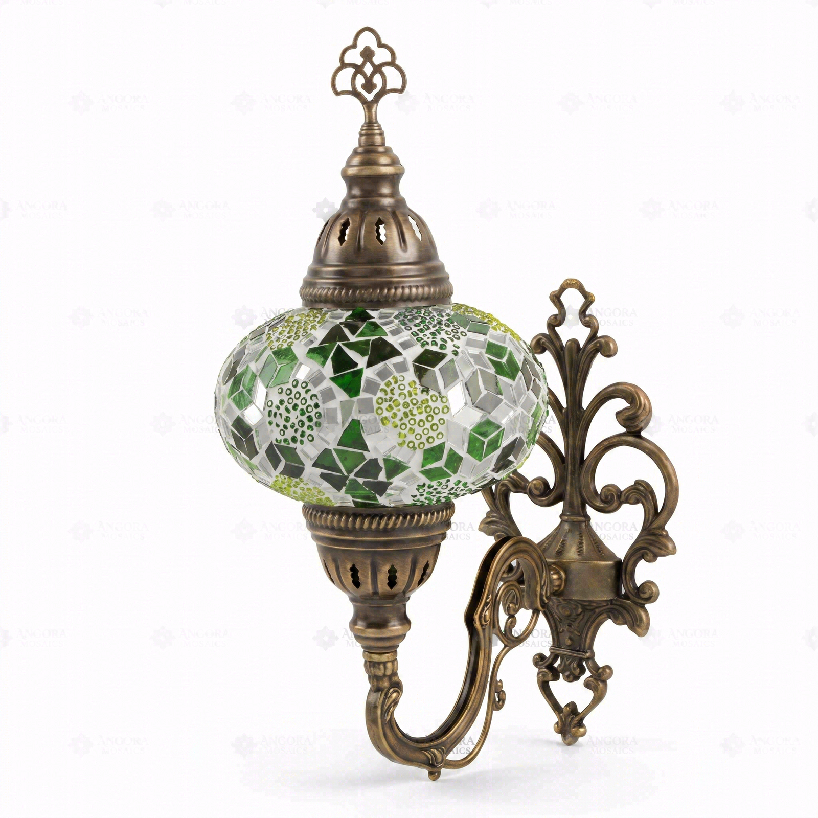 Full view of handmade Green green jewel Turkish mosaic wall sconce on white background (ENV APN3100)