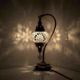 White Turkish mosaic table lamp illuminated, showing colorful light projection (ENV DVN1001)