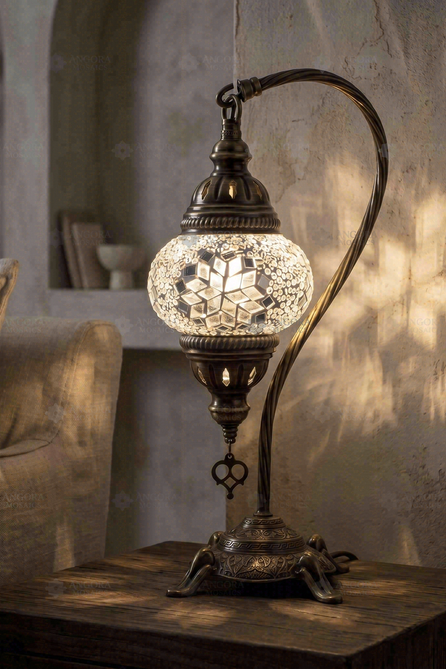 White Mirrored Swan Neck Table Lamp