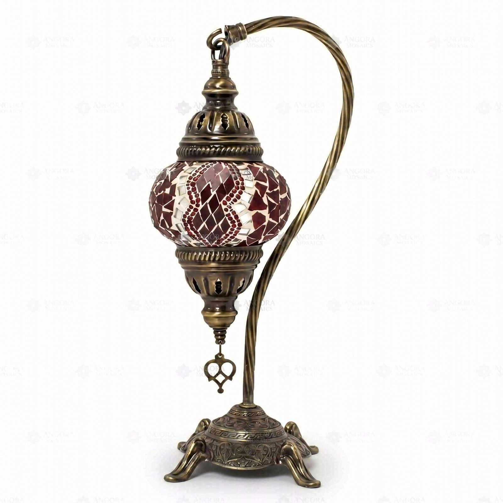 Full view of handmade Red ruby red Turkish mosaic table lamp on white background (ENV DVN1003)