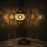 Amber Turkish mosaic table lamp illuminated, showing colorful light projection (ENV DVN1022)