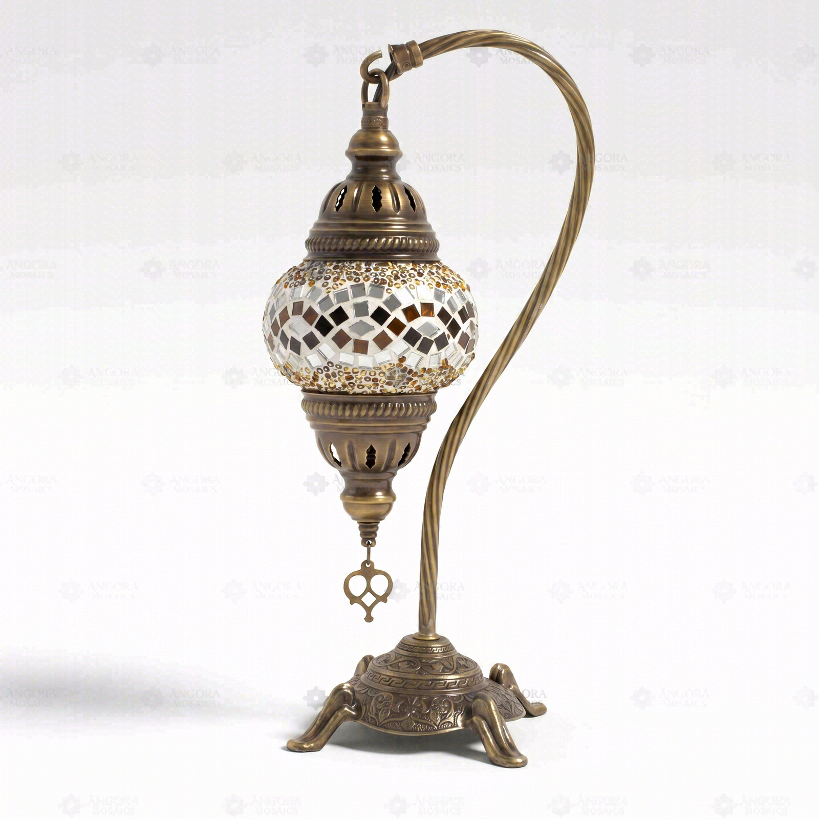 Full view of handmade Clear clear neutral Turkish mosaic table lamp on white background (ENV DVN1023)