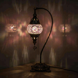 Pink Turkish mosaic table lamp illuminated, showing colorful light projection (ENV DVN1034)