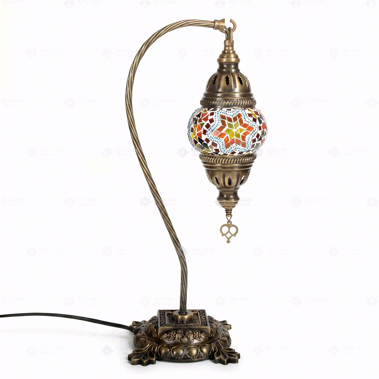 Full view of handmade Multicolor multicolor jewel Turkish mosaic table lamp on white background (ENV DVN1042)