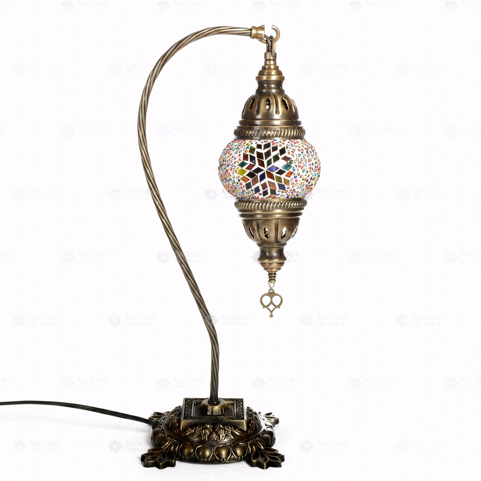 Full view of handmade Multicolor multicolor jewel Turkish mosaic table lamp on white background (ENV DVN1061)