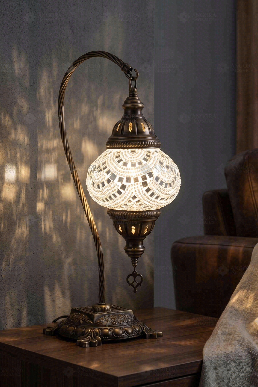 White Mirrored Swan Neck Table Lamp