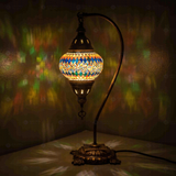 Multicolor Turkish mosaic table lamp illuminated, showing colorful light projection (ENV DVN2003)