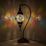 Multicolor Turkish mosaic table lamp illuminated, showing colorful light projection (ENV DVN2008)