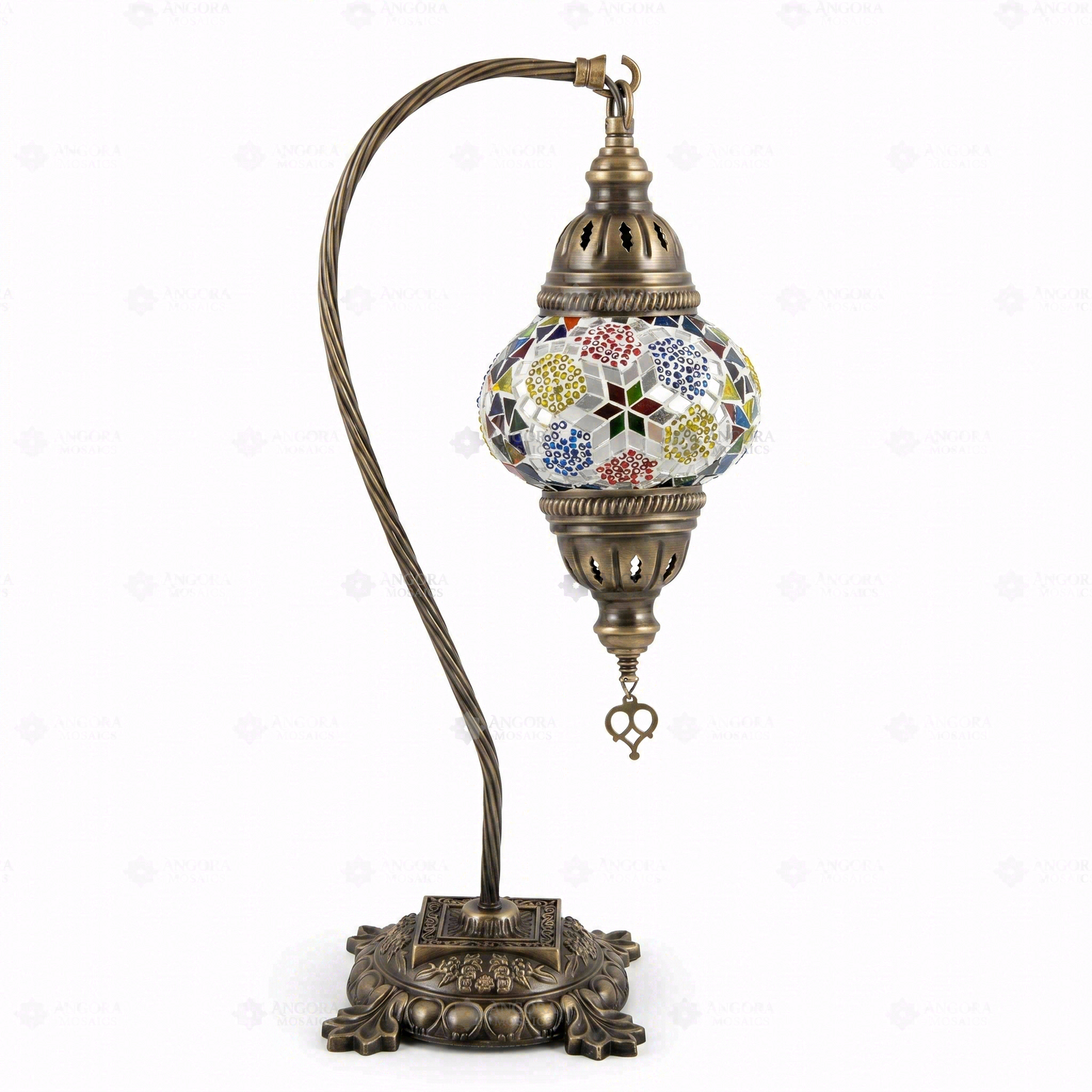 Full view of handmade Multicolor multicolor jewel Turkish mosaic table lamp on white background (ENV DVN2008)