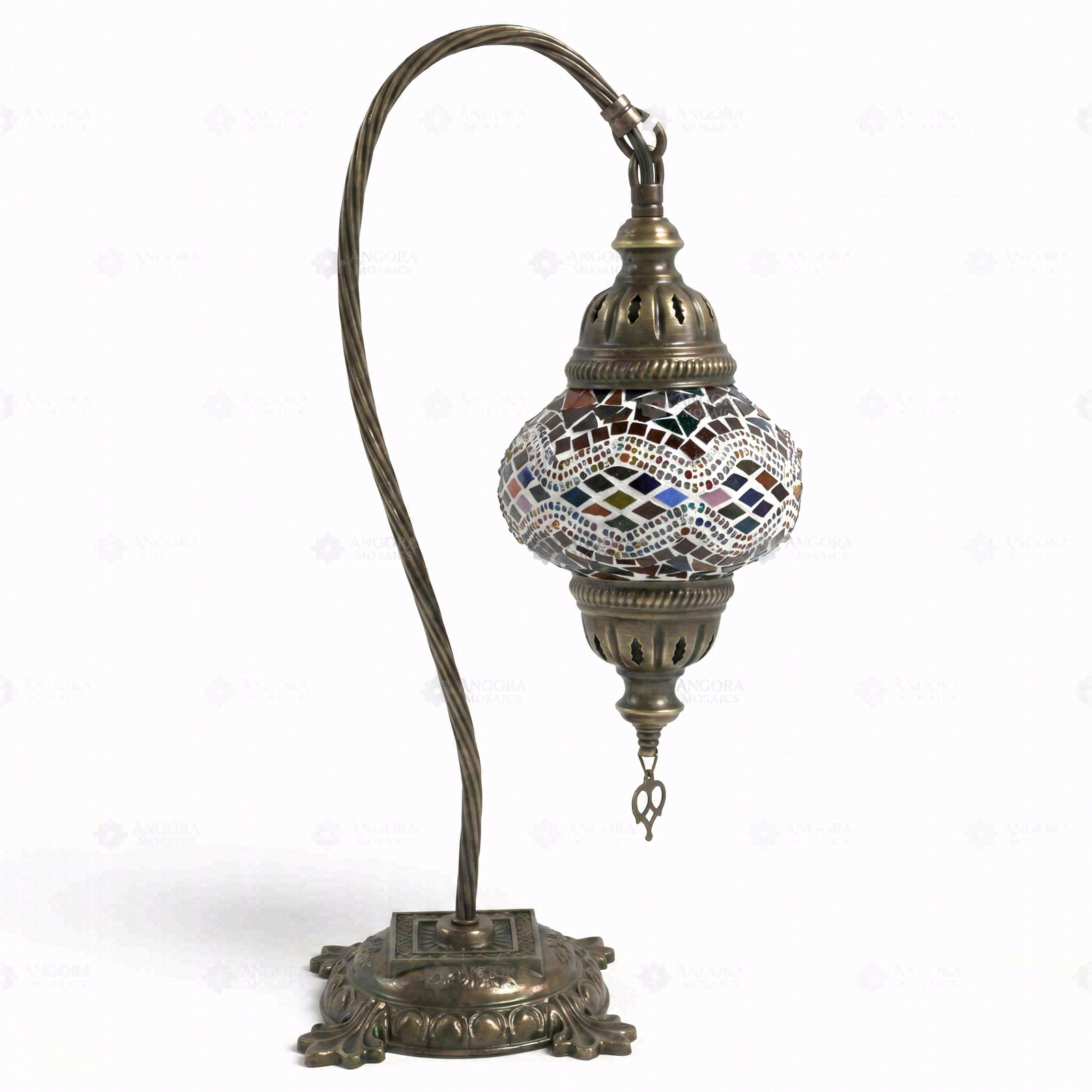 Full view of handmade Multicolor multicolor jewel Turkish mosaic table lamp on white background (ENV DVN2012)