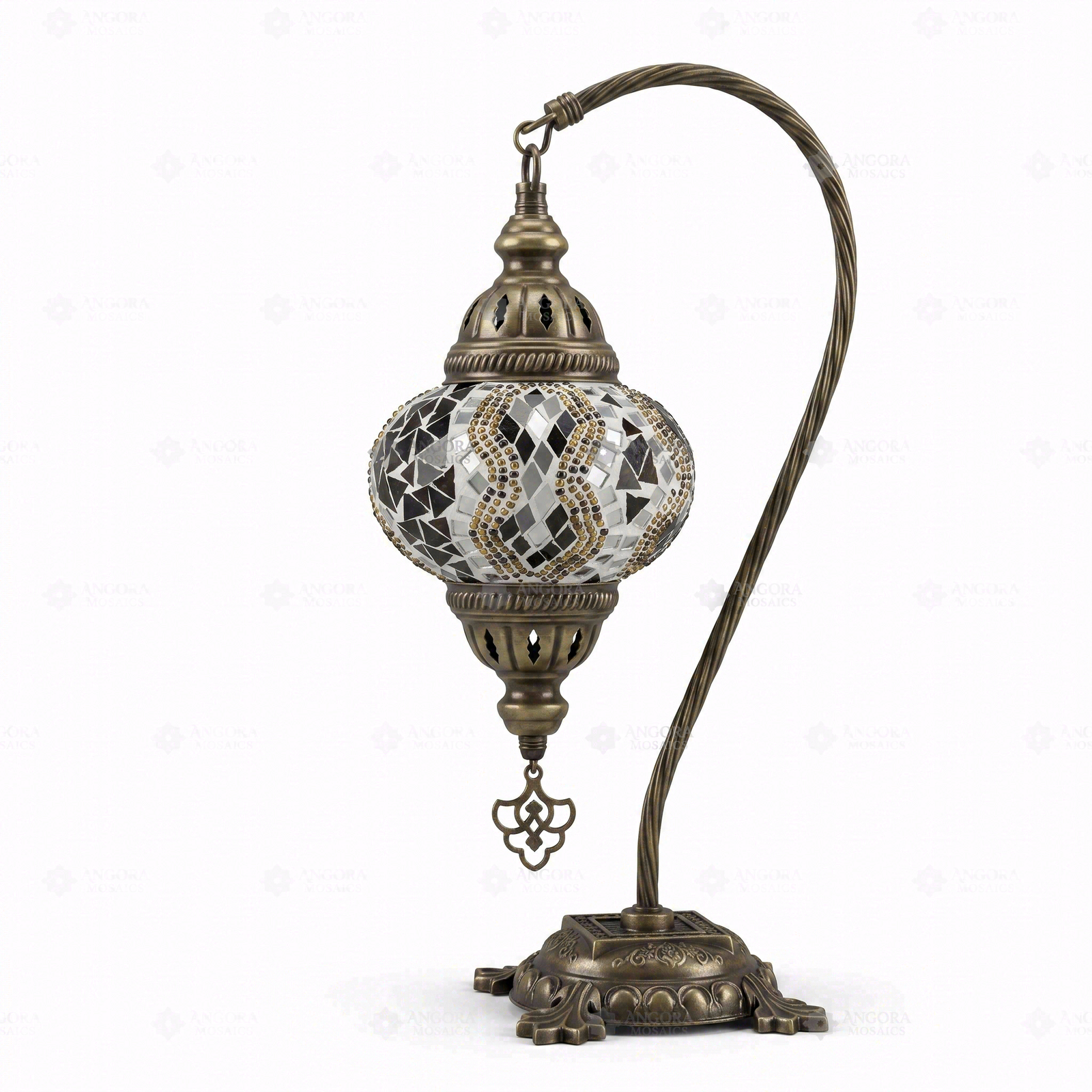 Full view of handmade Warm Tones mixed warm Turkish mosaic table lamp on white background (ENV DVN2025)