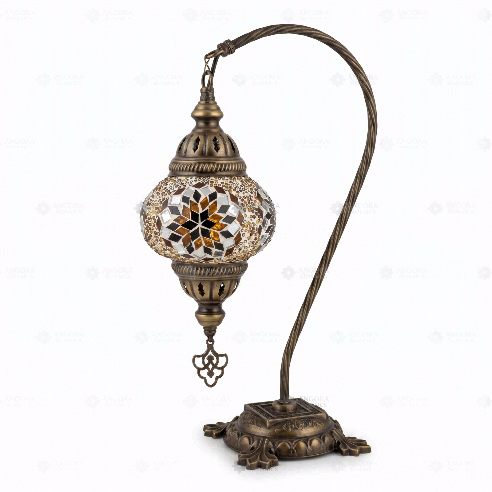 Full view of handmade Amber warm amber Turkish mosaic table lamp on white background (ENV DVN2118)