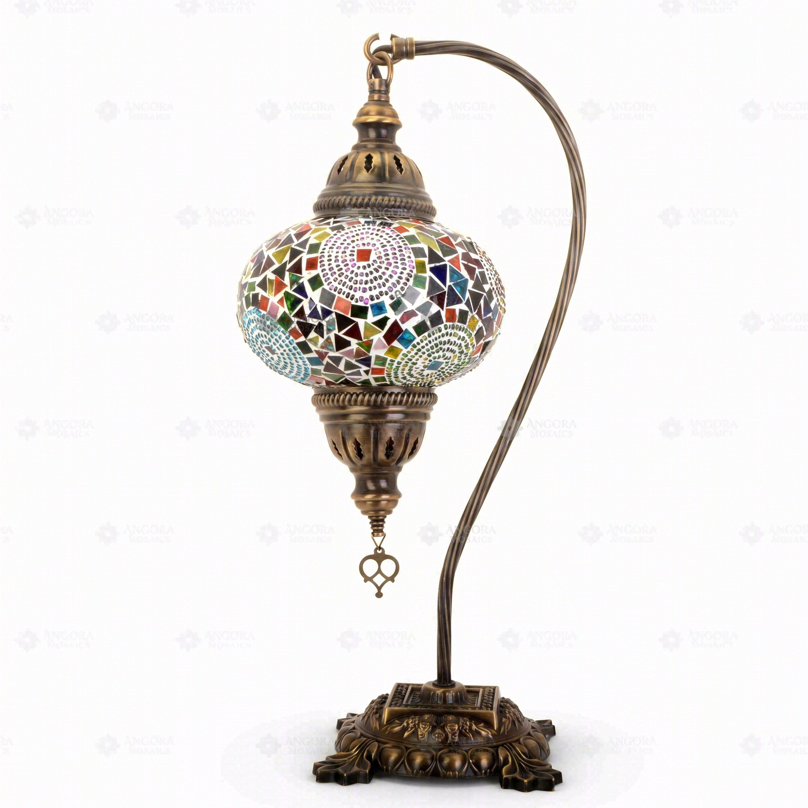 Full view of handmade Multicolor multicolor jewel Turkish mosaic table lamp on white background (ENV DVN3001)