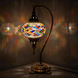Multicolor Turkish mosaic table lamp illuminated, showing colorful light projection (ENV DVN3002)