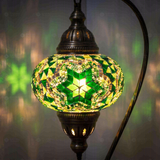 Lit close-up of mosaic glass globe — Green table lamp glowing (ENV DVN3003)