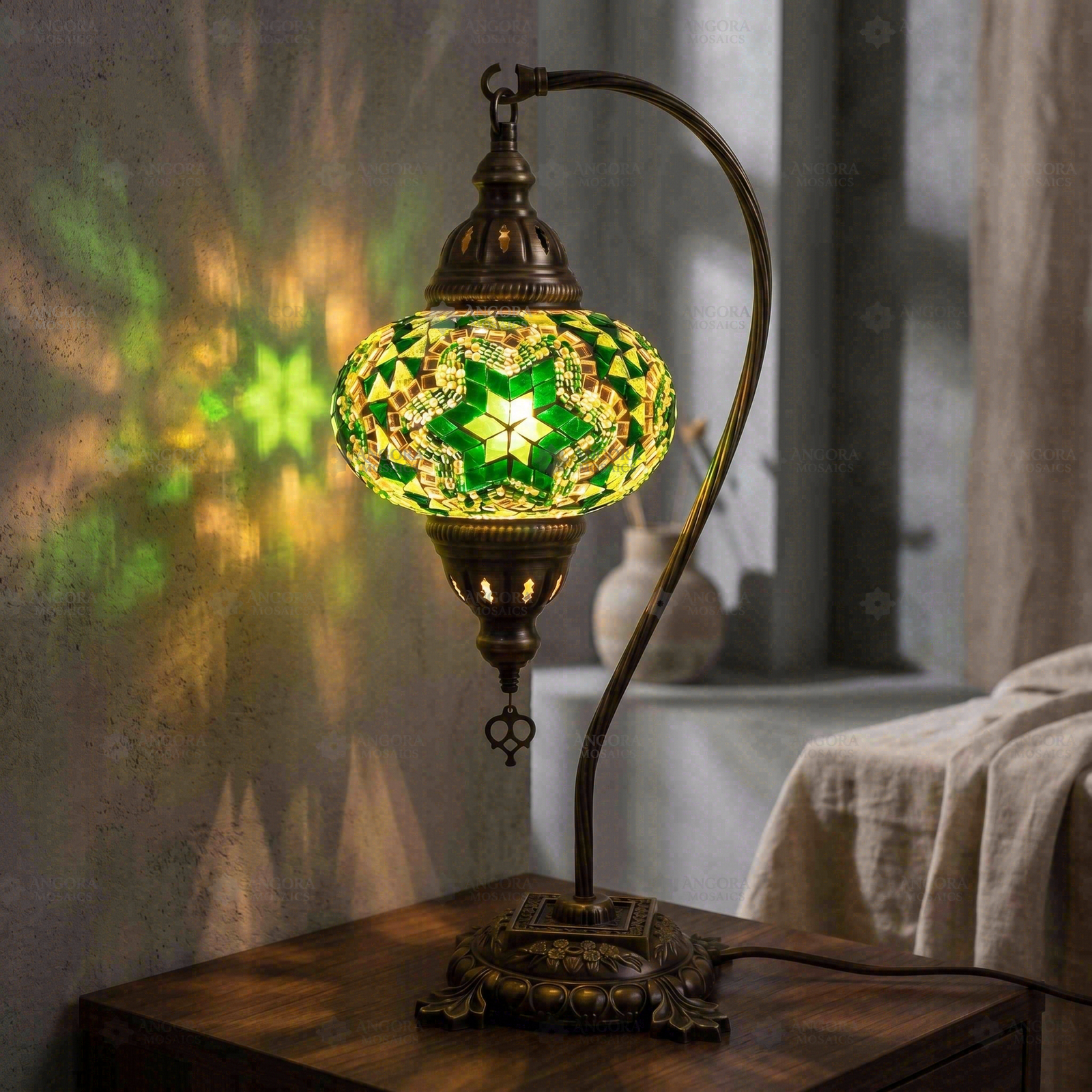 Green green jewel Turkish mosaic table lamp in styled room — handmade Moroccan table lamp (ENV DVN3003)