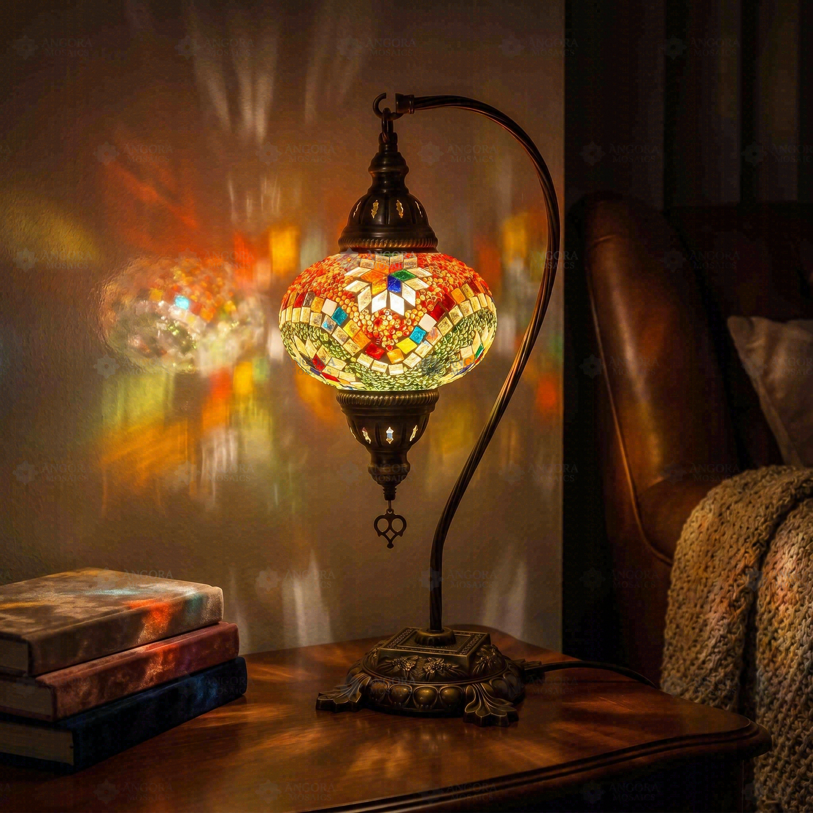 Multicolor multicolor jewel Turkish mosaic table lamp in styled room — handmade Moroccan table lamp (ENV DVN3004)