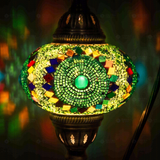 Lit close-up of mosaic glass globe — Green table lamp glowing (ENV DVN3006)
