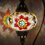 Lit close-up of mosaic glass globe — Multicolor table lamp glowing (ENV DVN3007)