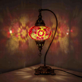 Pink Turkish mosaic table lamp illuminated, showing colorful light projection (ENV DVN3008)
