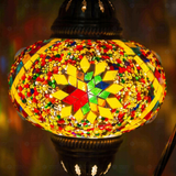Lit close-up of mosaic glass globe — Multicolor table lamp glowing (ENV DVN3010)