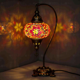 Amber Turkish mosaic table lamp illuminated, showing colorful light projection (ENV DVN3011)