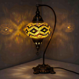 Warm Tones Turkish mosaic table lamp illuminated, showing colorful light projection (ENV DVN3013)