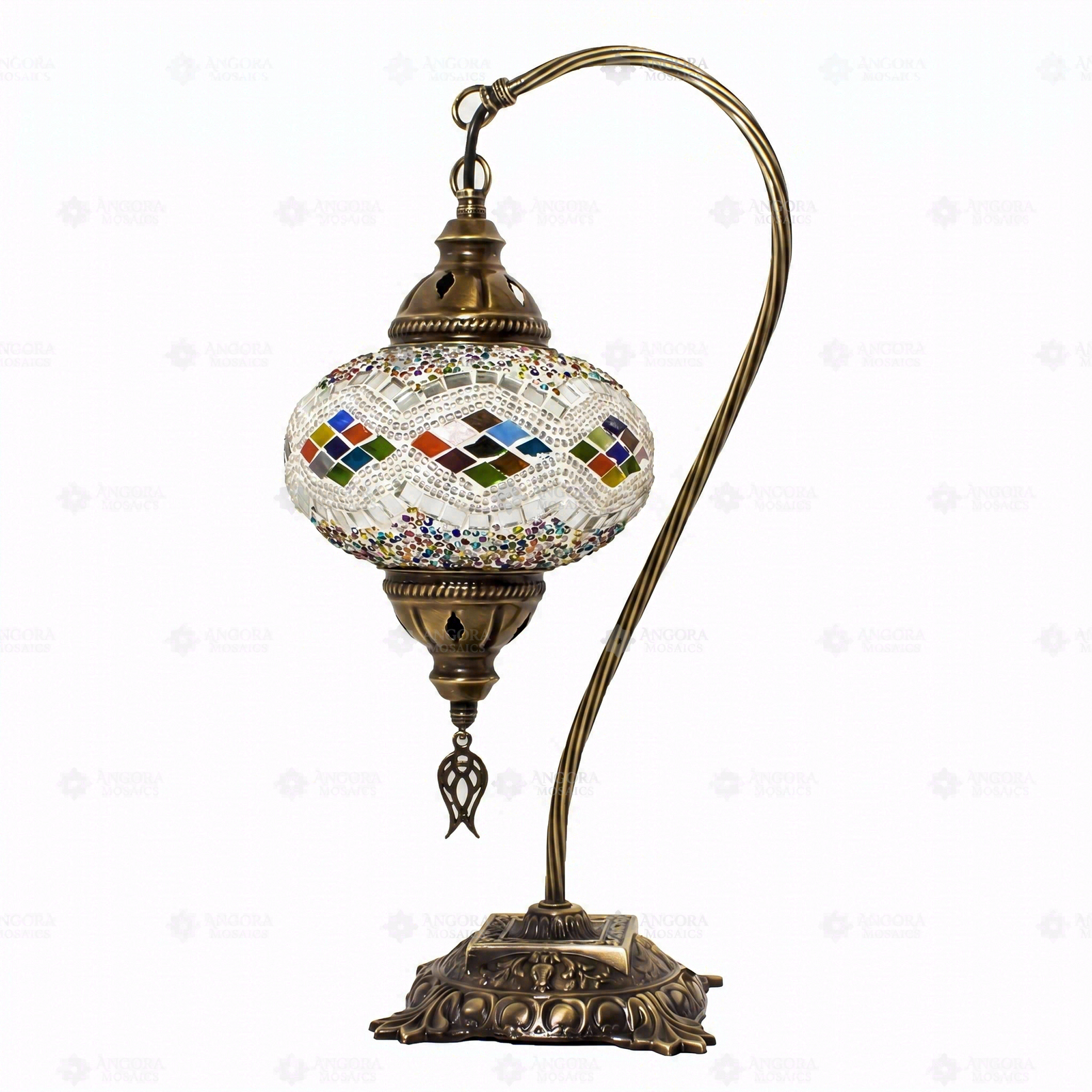 Full view of handmade Multicolor multicolor jewel Turkish mosaic table lamp on white background (ENV DVN3014)