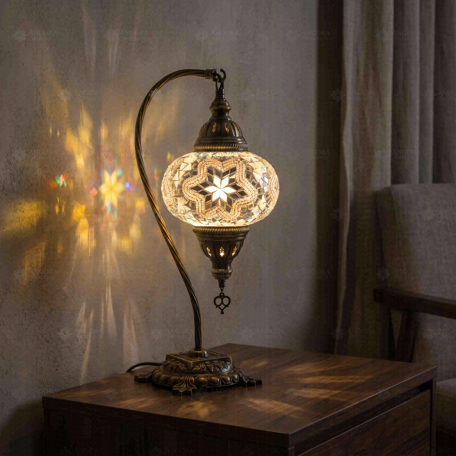 White white glow Turkish mosaic table lamp in styled room — handmade Moroccan table lamp (ENV DVN3015)