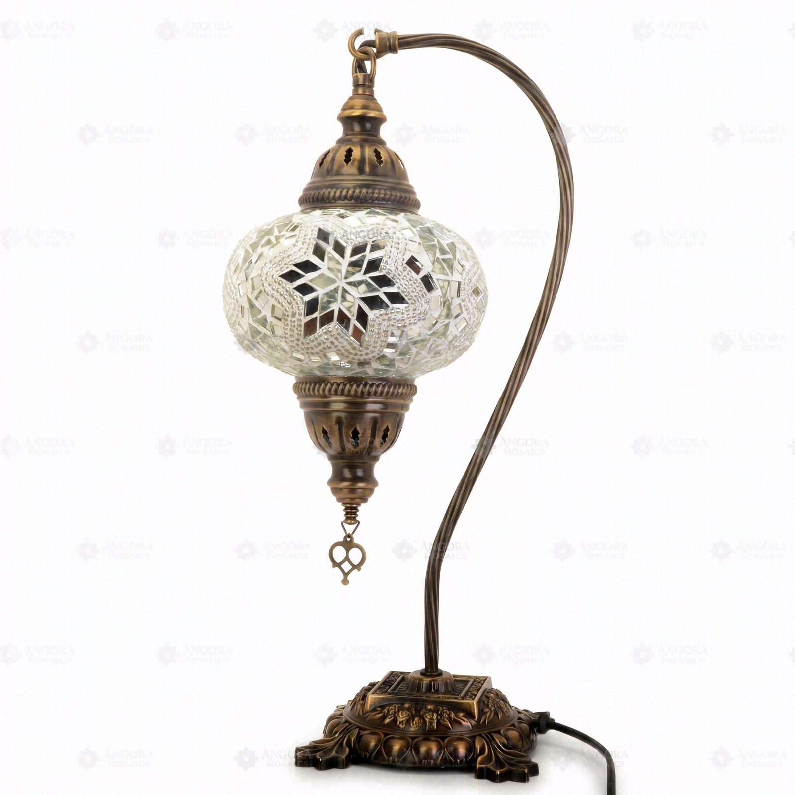 Full view of handmade White white glow Turkish mosaic table lamp on white background (ENV DVN3015)