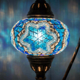 Lit close-up of mosaic glass globe — Blue table lamp glowing (ENV DVN3016)