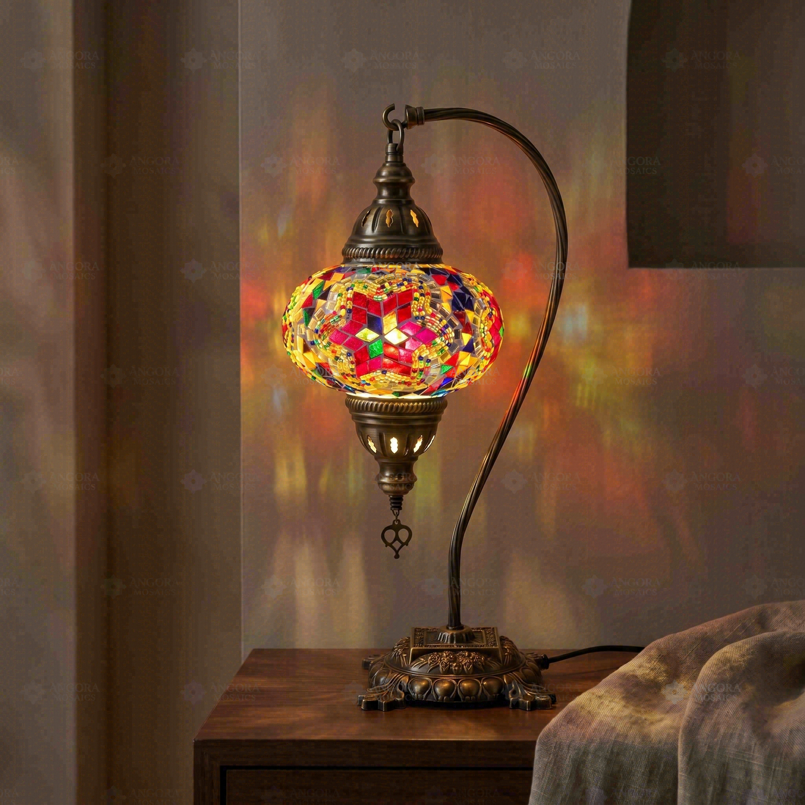 Multicolor multicolor jewel Turkish mosaic table lamp in styled room — handmade Moroccan table lamp (ENV DVN3017)